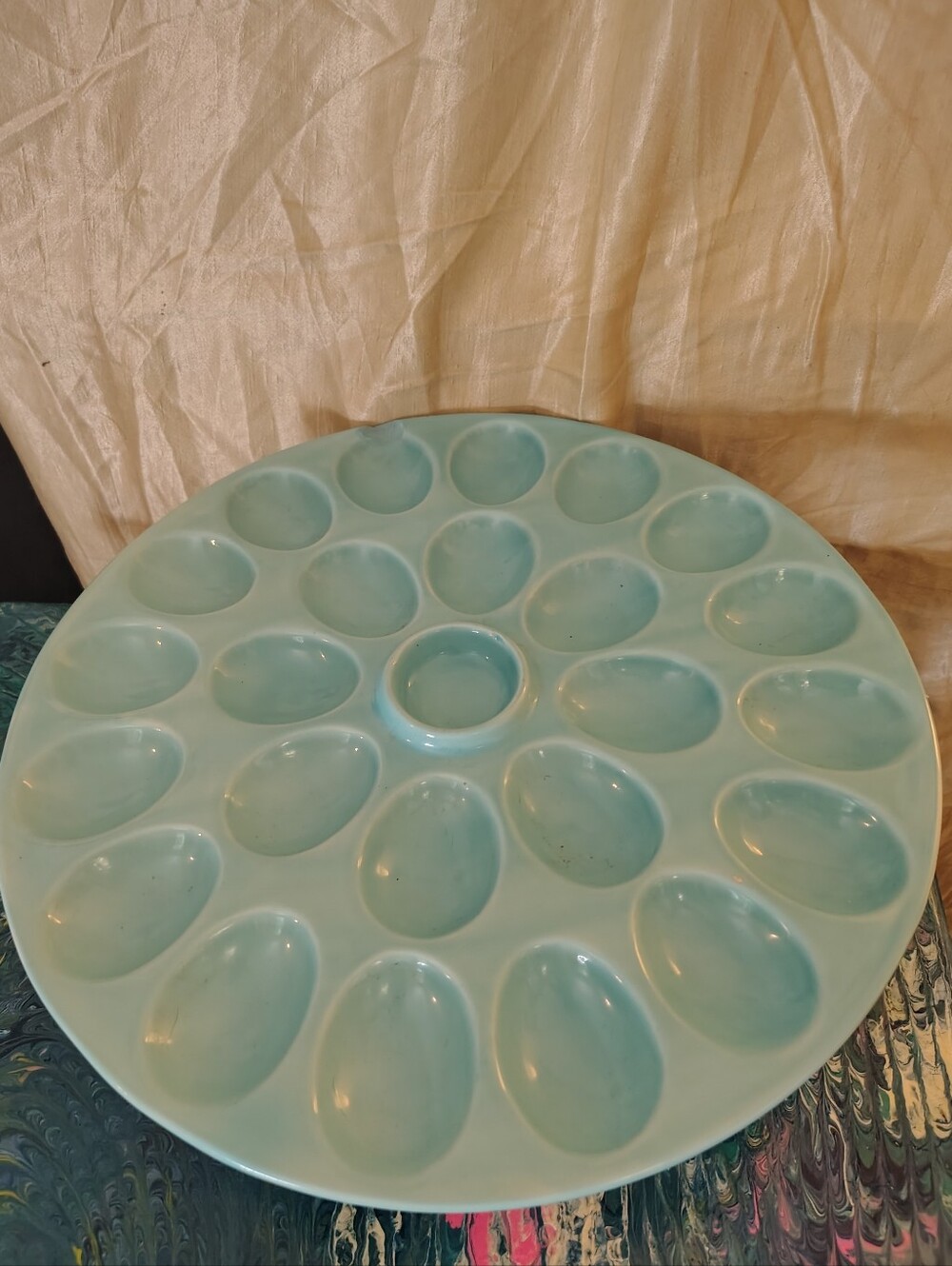 Posh Tag Light Aqua Ceramic Footed Deviled Egg Platter w/ Center Dip Bowl 12.5"